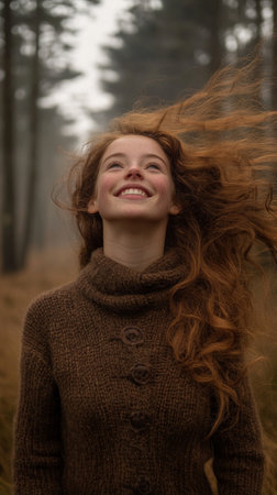 A joyful girl with long, wavy hair enjoys the fresh air while surrounded by a tranquil forest environment.の素材