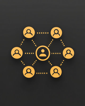 A network diagram illustrates connections between users and a central figure on a dark surface.の素材