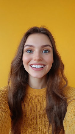A cheerful young woman with long brown hair smiles warmly while wearing a yellow sweater in a bright space.の素材