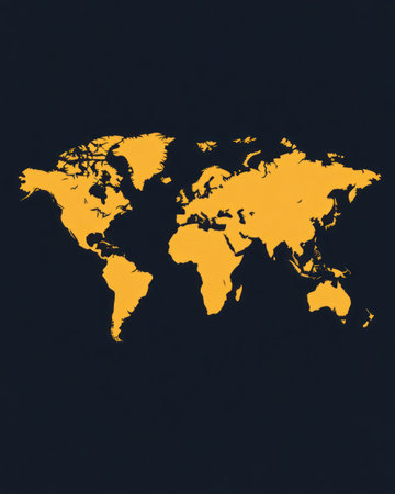 A yellow world map on a dark background highlights continents and oceans in a clean and simple layout.の素材