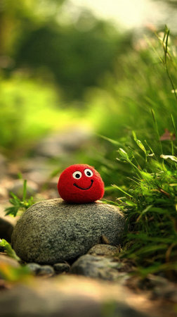 A smiling red stone rests on a rock surrounded by vibrant green grass in a serene outdoor environment.の素材