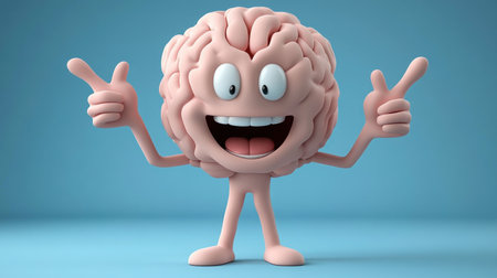 A happy cartoon brain character joyfully gestures with its arms and smiles, set against a vibrant blue backdrop.の素材