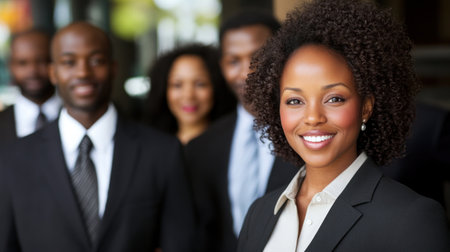 A confident businesswoman smiles in front of her colleagues dressed in professional attire in a city setting.の素材