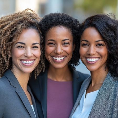 Three women share a joyful moment outdoors, dressed in professional outfits and radiating positivity in the sunlight.の素材