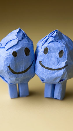 Two paper figures with smiley faces are positioned side by side, radiating joy and fun with their blue color.の素材