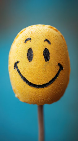 A cheerful yellow smiley face figure is presented on a stick, capturing a joyful essence against a bold blue background.の素材