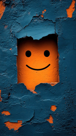 A cheerful face emerges from a cracked wall, merging urban art with vibrant colors for a striking contrast.の素材