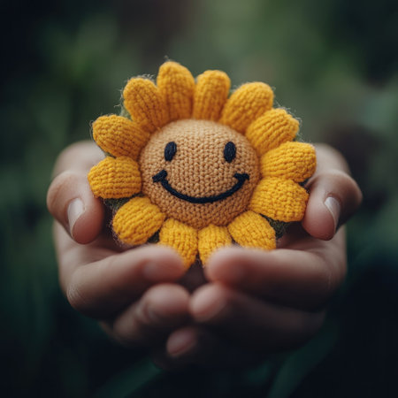 A cheerful knitted sunflower with a smile is held gently in open hands surrounded by greenery.の素材