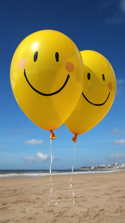 Two yellow balloons with smiles gently sway along the shore, adding joy to the sunny beach atmosphere.の素材