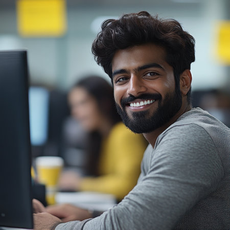 A cheerful young man in casual attire sits at a desk with a computer, enjoying his work in an office setting.の素材