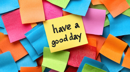 Brightly colored sticky notes surround an uplifting message promoting a good day in a creative work environment.の素材