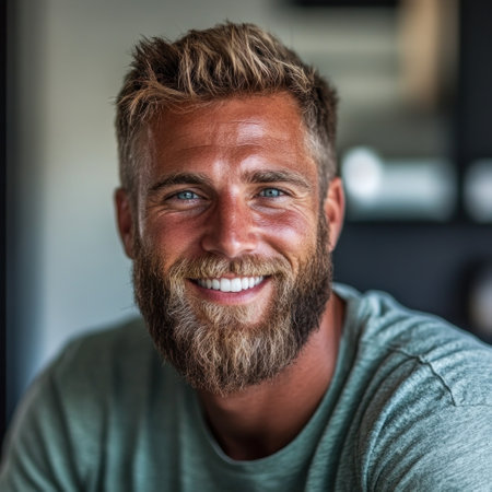 A cheerful, bearded man smiles warmly while posing in a stylish indoor area filled with natural light.の素材