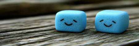 Two small blue cubes with happy expressions sit on an aged wooden table, creating a playful ambiance.の素材