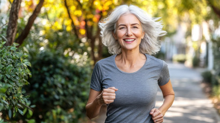 An older woman jogs in a vibrant park, celebrating her active lifestyle and the beauty of autumn.の素材