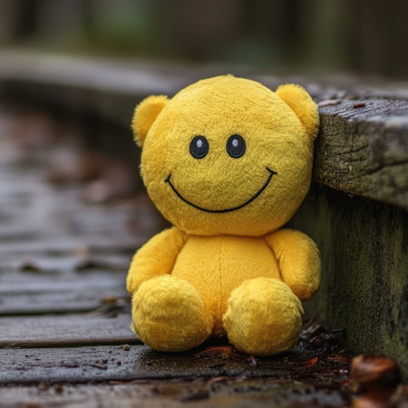 A bright yellow plush toy smiles while perched on a damp wooden surface amidst fallen leaves.の素材