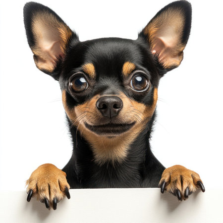 A small, cheerful dog with perked ears peers playfully over a white surface, exuding charm and personality.の素材