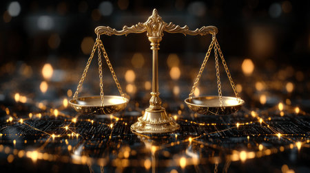The golden scales of justice stand prominently, representing fairness and balance against a shimmering dark backdrop.の素材
