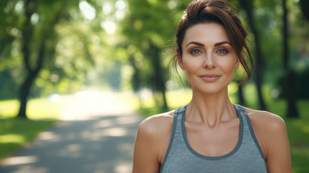 A woman enjoys a morning jog through a sunny park, surrounded by lush greenery and vibrant trees.の素材