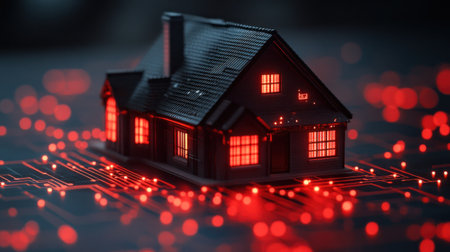 A small house model emits red light, highlighting the intersection of technology and home automation on a circuit board.の素材