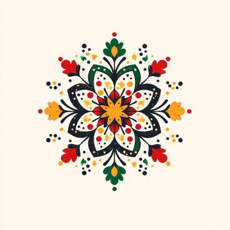 A vibrant mandala creation showcases detailed flower motifs in various colors, perfect for arts and crafts inspiration.の素材