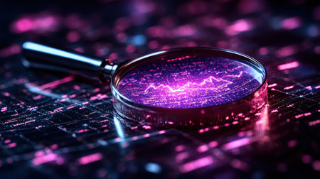 A magnifying glass hovers over glowing data patterns, revealing insights in a stylish, tech-inspired environment.の素材
