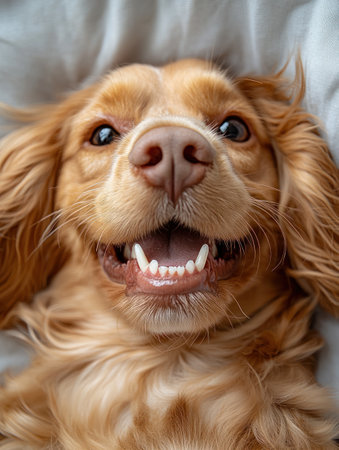 A golden retriever lies comfortably with a cheerful expression, highlighting its playful spirit and relaxed demeanor.の素材