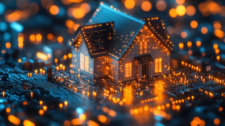 A small house model shines on a circuit board with vibrant lights reflecting the innovation of technology and home.の素材