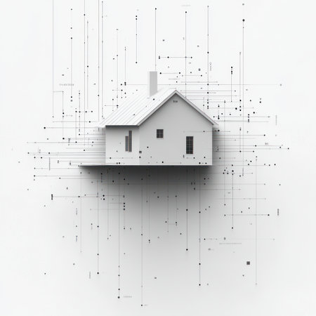 A contemporary house model is integrated with digital lines against a minimalistic background, highlighting innovation.の素材
