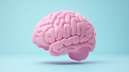 This pink brain model highlights key structures and functions, showing neuroscience artistically.の素材