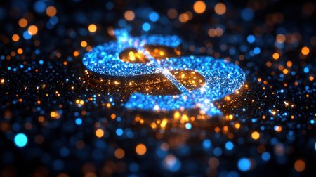 A vibrant dollar sign sparkles in blue and orange glitter against a dark backdrop, creating a captivating visual effect.の素材
