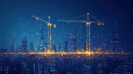 Two towering cranes work under the night sky, lighting up a vibrant city skyline with ongoing construction activity.の素材