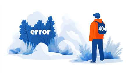 A figure in an orange hoodie gazes at a large blue error and 404 sign, surrounded by a snowy landscape.の素材