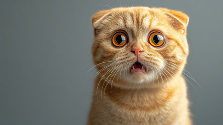 A curious cat with large eyes looks astonished as it stars directly at the camera, showing its playful character.の素材