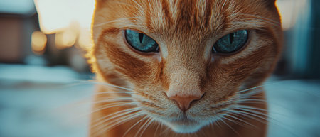 The orange tabby cat gazes intently at the camera, showing its vibrant blue eyes during sunset.の素材