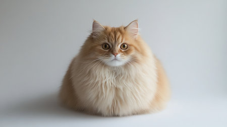 A fluffy orange cat sits calmly on a light surface, showing its luxurious fur and curious expression.の素材