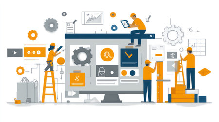 A diverse team works together on a digital project in a bright office, using multiple tools and screens.の素材