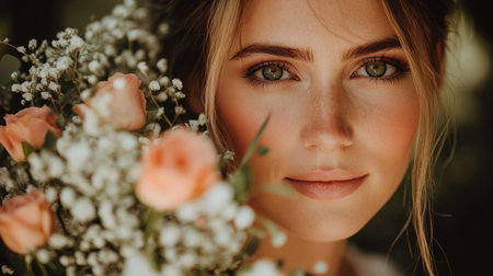 A young woman gazes softly at the camera while holding a lush bouquet of pink roses and white flowers.の素材