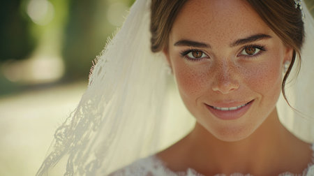 The bride beams with joy, showcasing her elegance in a stunning lace veil outdoors under bright sunlight.の素材