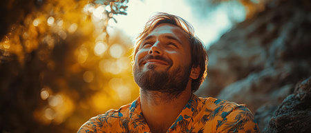 A man with a content smile finds joy in nature's warmth during a serene outdoor moment.の素材