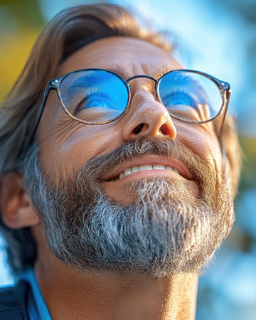 A man with a beard smiles while gazing upward, enjoying the warmth of the sun in a tranquil outdoor environment.の素材
