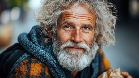 An elderly man with a joyful expression enjoys the warm sun while seated on a bustling urban sidewalk.の素材