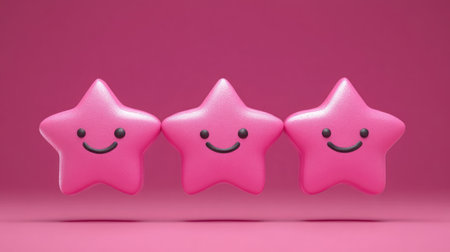 Three cheerful pink star toys with smiles sit closely together, adding a fun element to the colorful backdrop.の素材