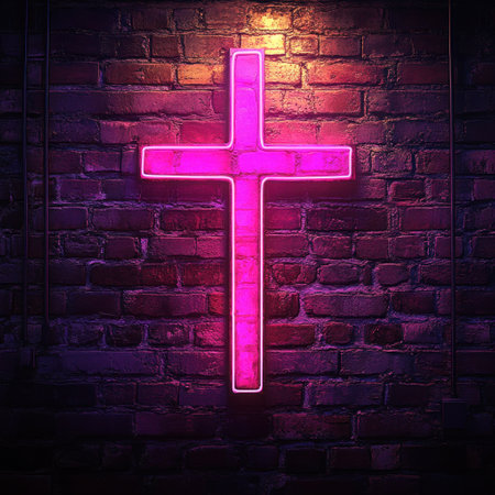 A glowing pink neon cross illuminates a brick wall, creating a striking ambiance in a dark environment.の素材