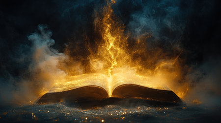 An open book emits golden flames and sparks, surrounded by a mysterious fog at night, creating a magical aura.の素材