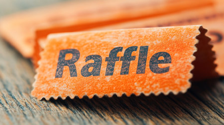 A stack of orange raffle tickets rests on a wooden table, inviting participation in a charity event.の素材