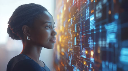 A woman focuses on a vibrant digital display filled with data and graphics in a contemporary workspace.の素材