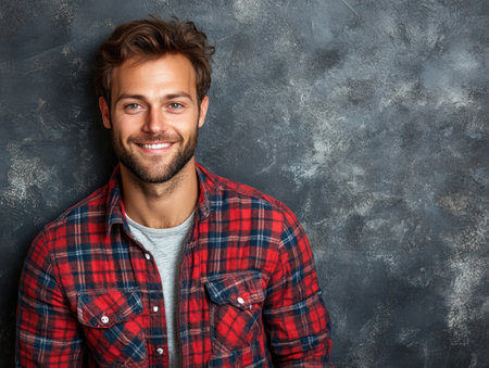 A cheerful young man with a beard stands in front of a gray backdrop, exuding warmth and friendliness.の素材