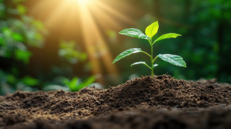 A small green plant sprouts from fertile brown soil, illuminated by warm sunlight filtering through the trees.の素材