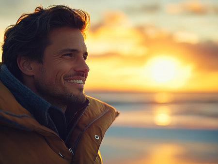 A smiling man watches the sunset on the beach, lost in thought while wearing a cozy jacket.の素材