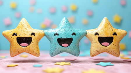 Three star-shaped figures with joyful expressions sit against a bright, playful background filled with tiny stars.の素材
